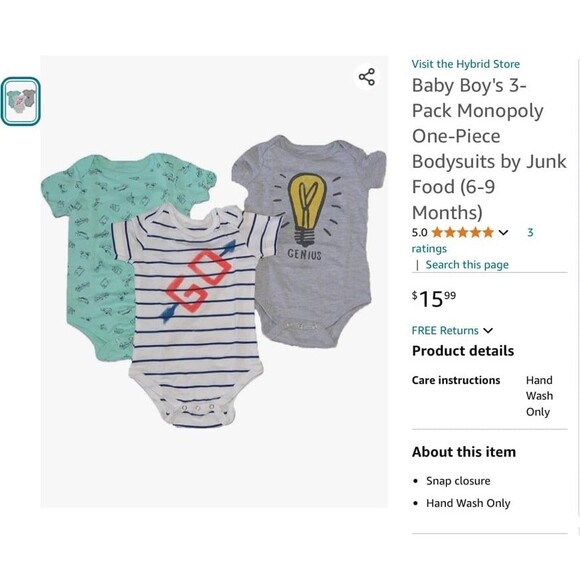 Baby Boy's 3-Pack Monopoly One-Piece Bodysuits by Junk Food (6-9 Months) - Picture 1 of 1